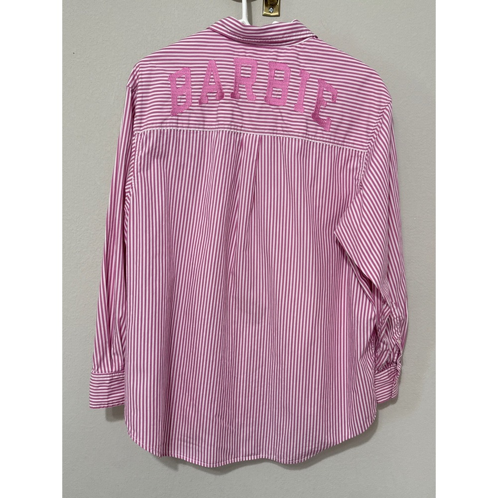 Gap Barbie Button Up Shirt Women Medium Pink Striped Embroidered Big Shirt